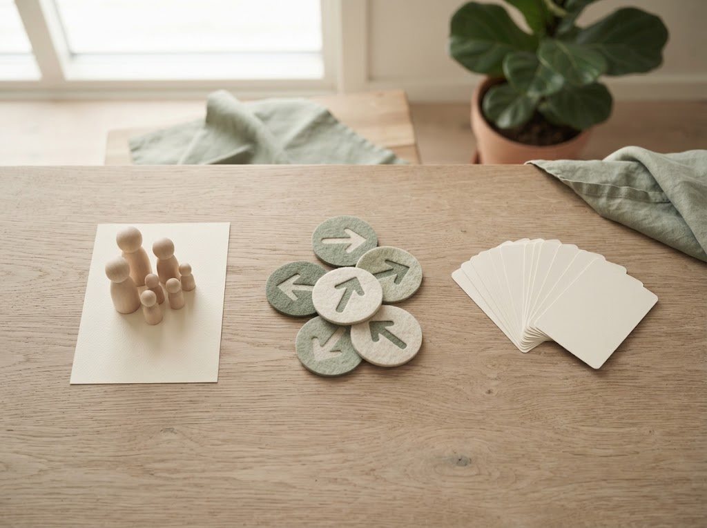 Muñecos, anclas en el piso y cartas sobre una mesa