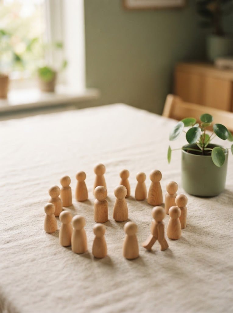 Figuras de madera en círculo sobre una mesa, junto a una planta